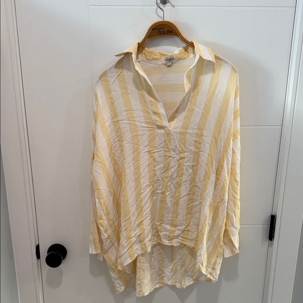 Umgee Yellow & White Striped V-Neck Collared Tunic size small